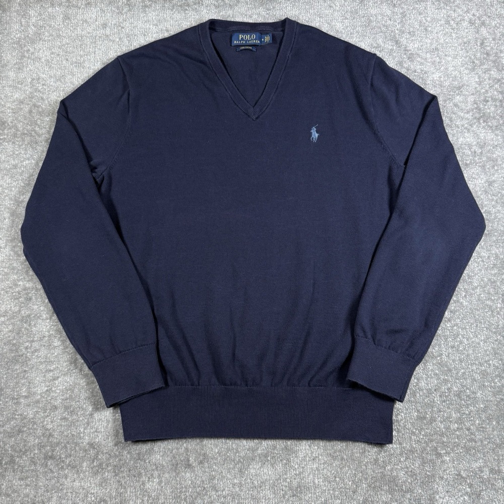 Polo Ralph Lauren Sweater Men's Medium Navy‎ Blue Pima Cotton V-Neck Preppy